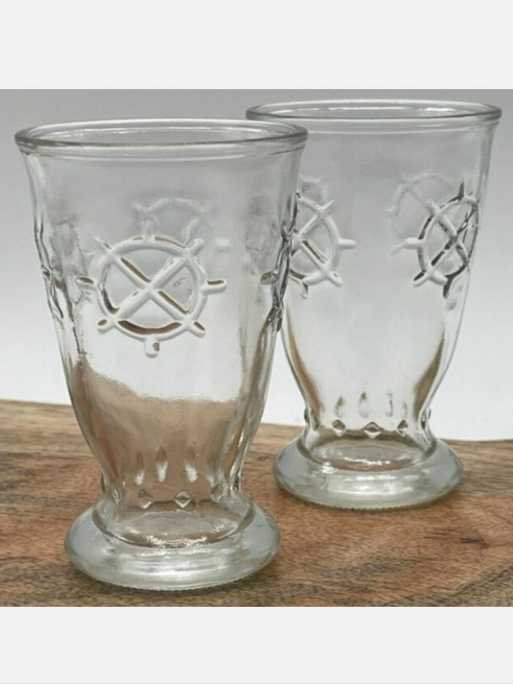 2 VTG NAUTICAL THEMED MID CENTURY PEDESTAL BOTTOM JUICE GLASSES